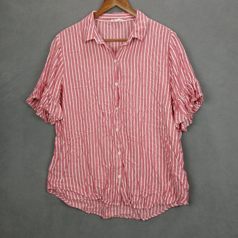 BeachLunchLounge Blouse Shirt Women Large Pink White Striped Rayon Ruffle Sleeve